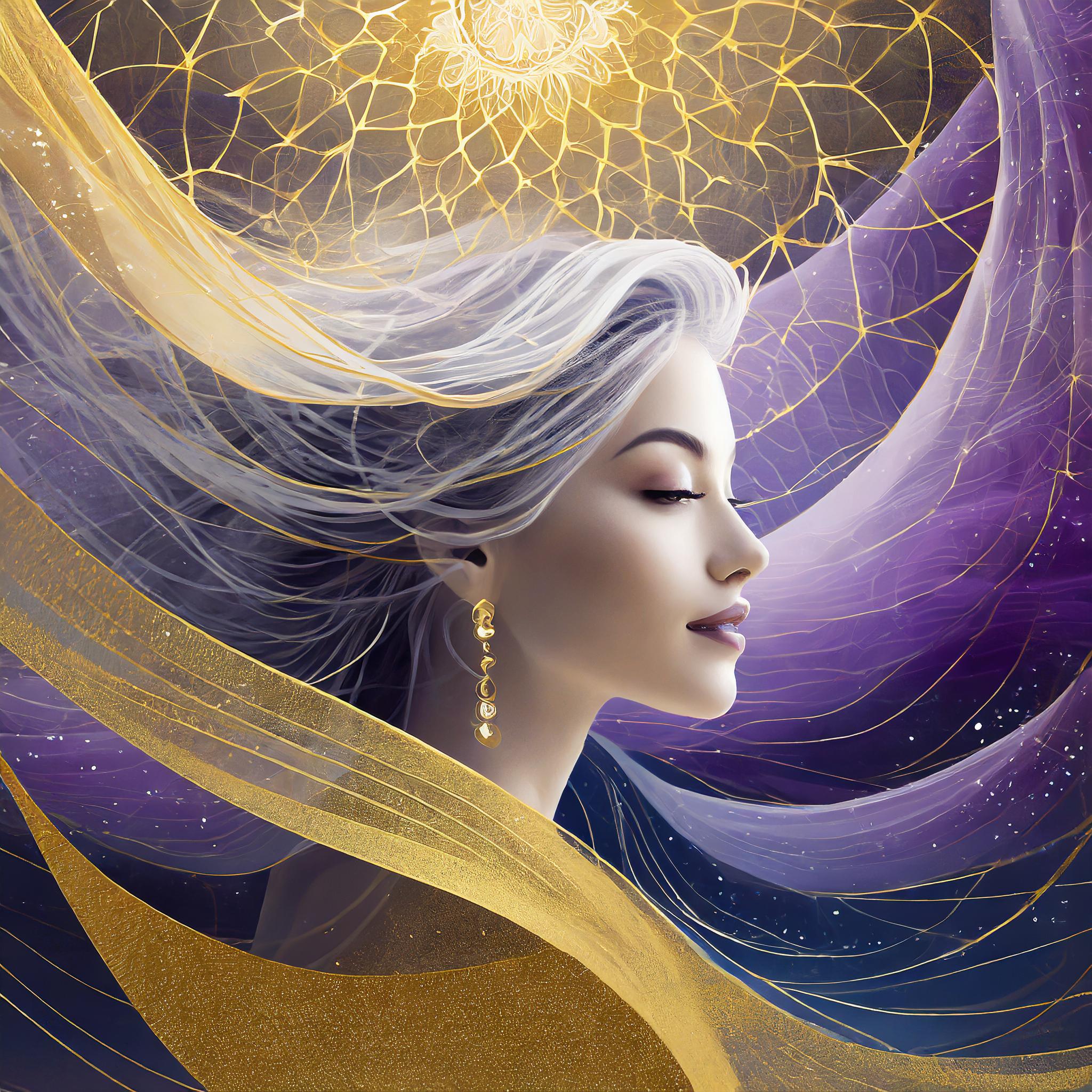 Firefly percer les voiles de la conscience sur fond or et violet indigo, femme cheveux aux vent 6548